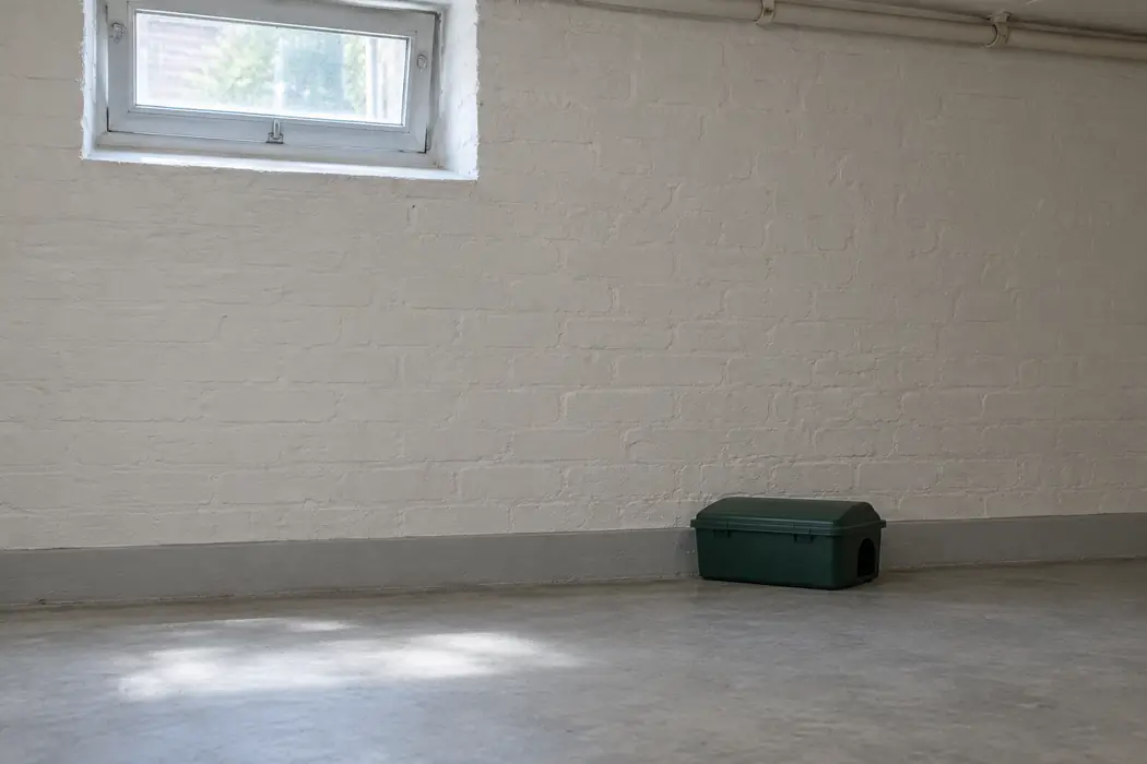 KI-Bild: Geschlossene grüne Köderbox an einer hellen Kellerwand, Licht durch ein Kellerfenster